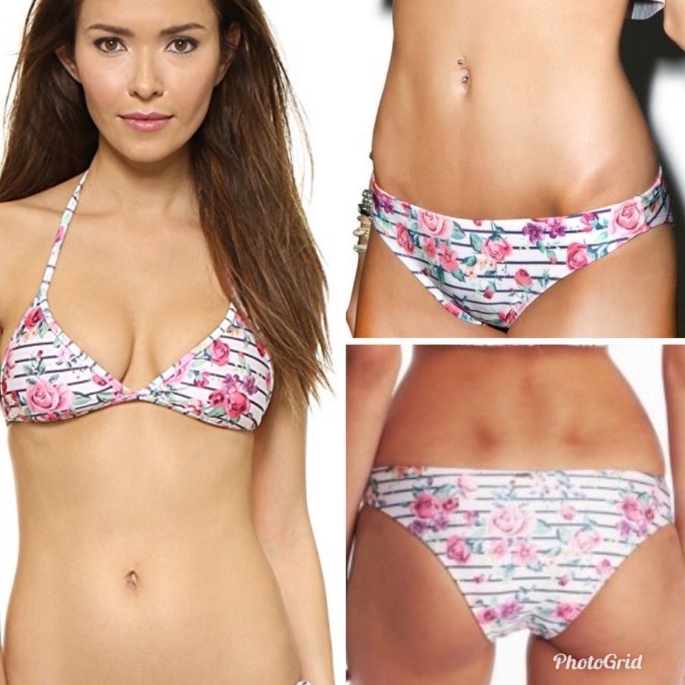 WILDFOX Floral Stripe Halter Bikini Set 2 Piece Triangle String Pink XS New